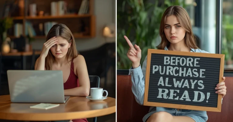 frustrated female after purchasing wrong laptop and a female on the right side informing the users "always read before purchase"