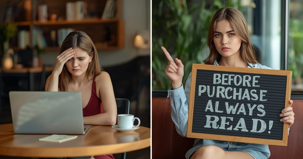 frustrated female after purchasing wrong laptop and a female on the right side informing the users "always read before purchase"