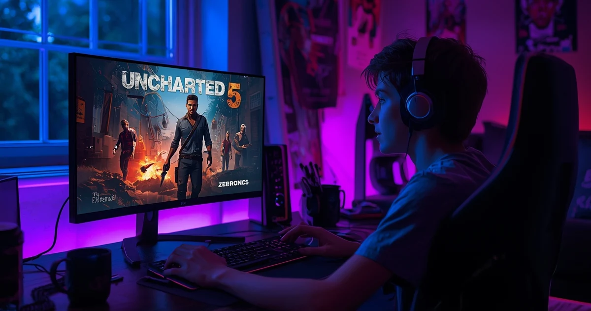 ultra realistic scene of gamer playing uncharted on a zenbronics monitor