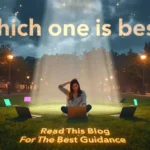 a female sitting on the ground in a cicular laptop ring looks confused and seeking guidance for the best laptop