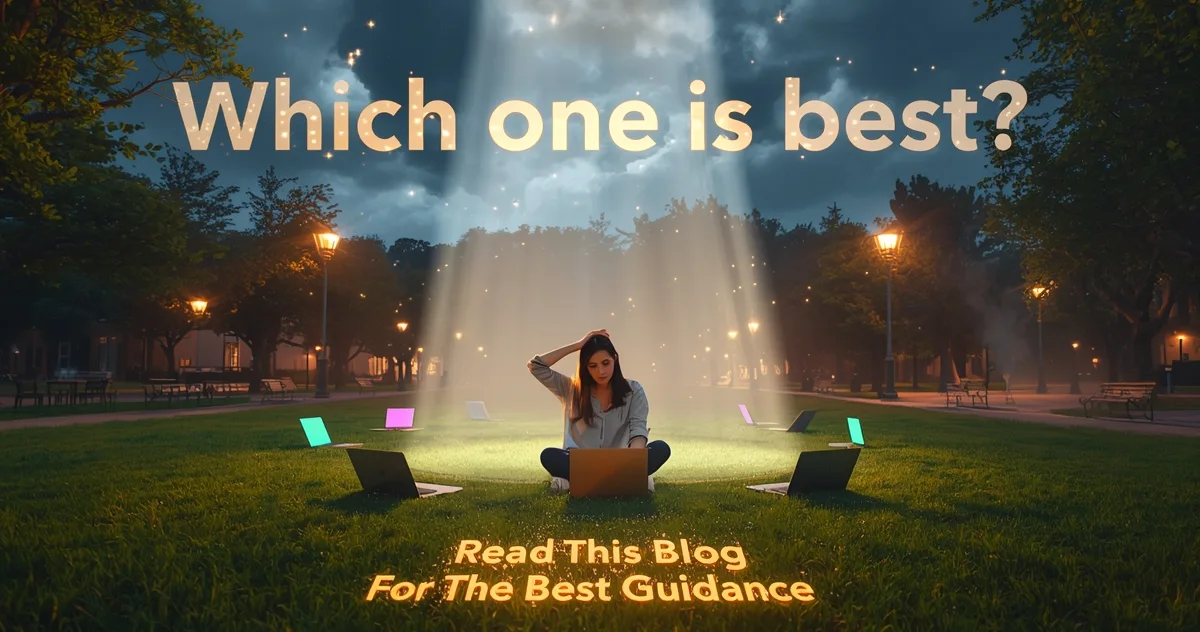 a female sitting on the ground in a cicular laptop ring looks confused and seeking guidance for the best laptop