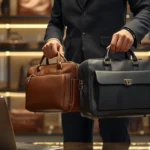 Man holding two leather bags.