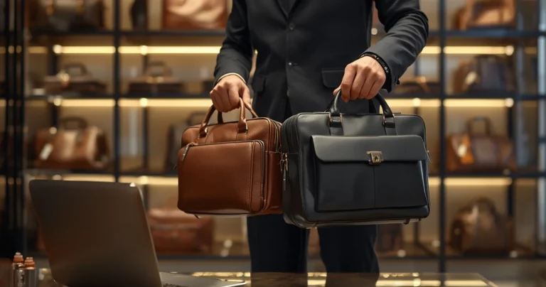 Man holding two leather bags.