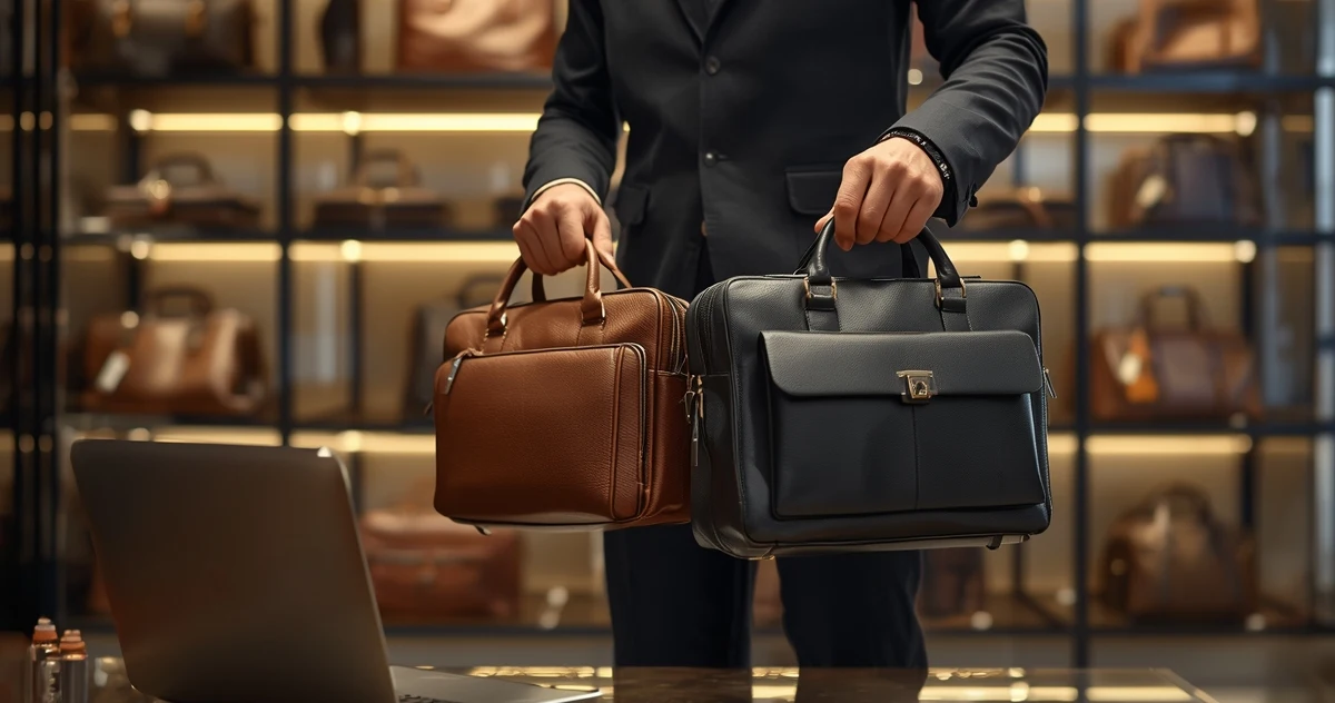 Man holding two leather bags.