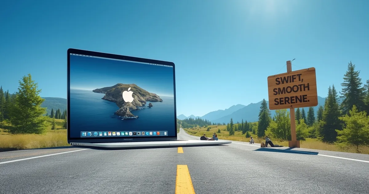 realistic view of macbook air m4 laptop displaying on a road with an amazing board beside the road