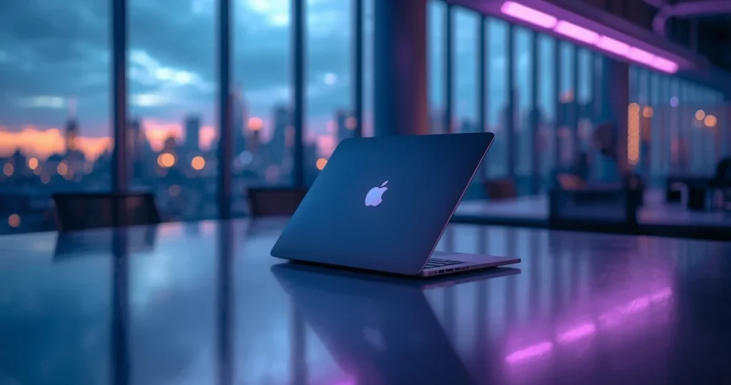 ultra realistic view of a macbook featuring in neon sparkling lightning display