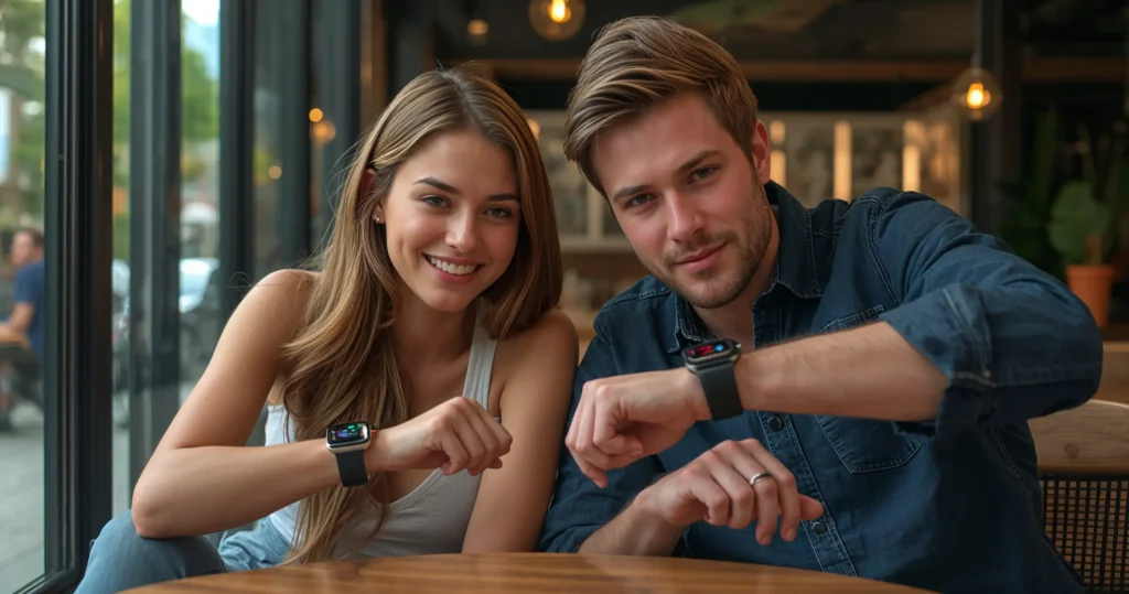 Manage Fitness and Calls with Best Smartwatch Under 10000! 2 two male and female freinds featuring smartwatches happily
