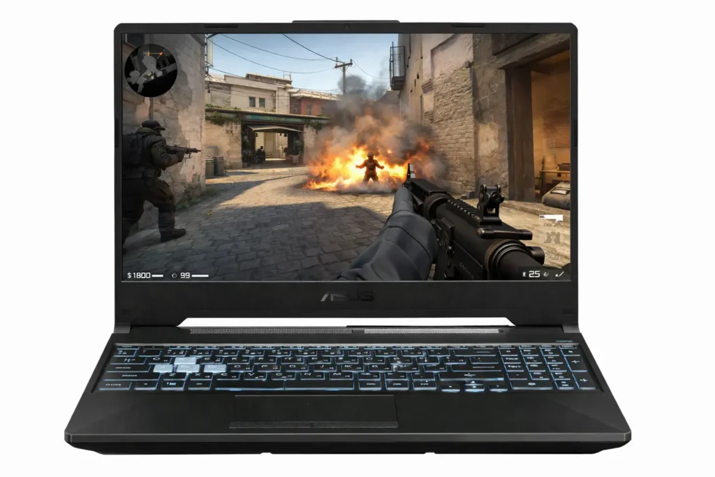 ASUS TUF Gaming A15 laptop displaying ASUS TUF Gaming A15 laptop with amazing gaming scenes