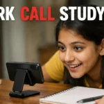 Indian girl using a phone stand on a study table for work calls and studying comfortably without holding the phone.