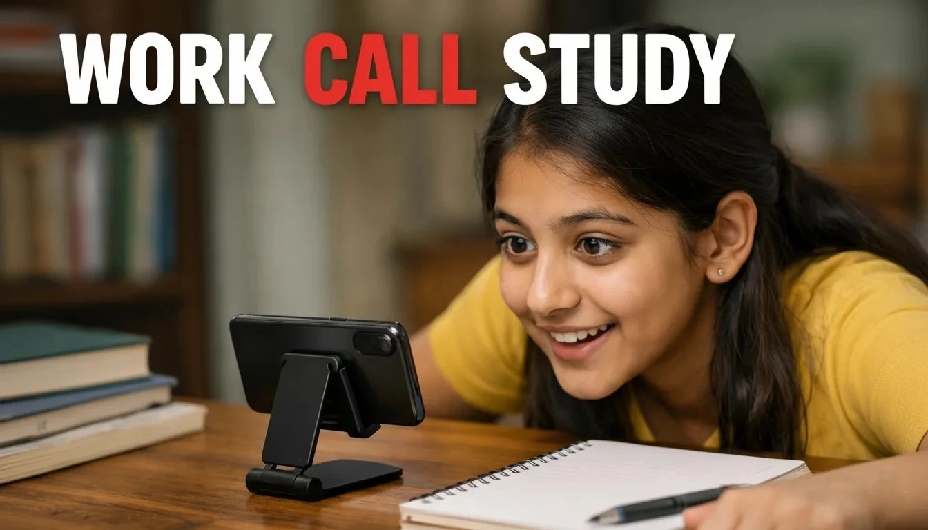 Best Phone Stand Guide: Must Read Before Buying! 3 Indian girl using a phone stand on a study table for work calls and studying comfortably without holding the phone.