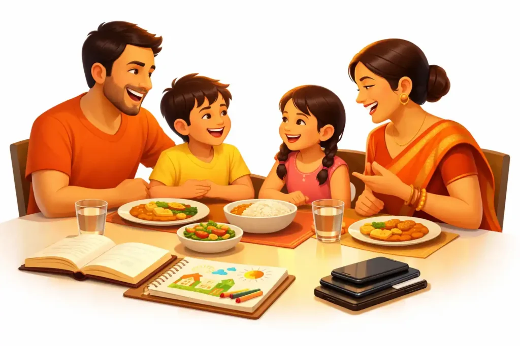 A Generation Growing Up on Screens Cannot Function Now 5 Indian family enjoying screen free dinner together with phones kept aside on the table